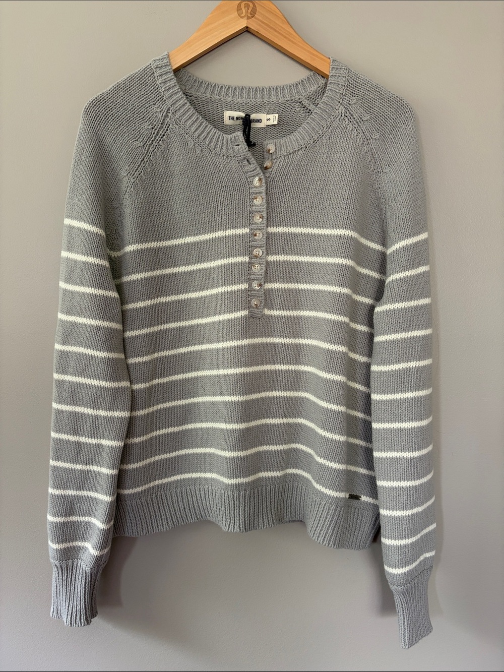 The Normal Brand Josephine Henley Sweater Grey Ivory Stripe Small NWT